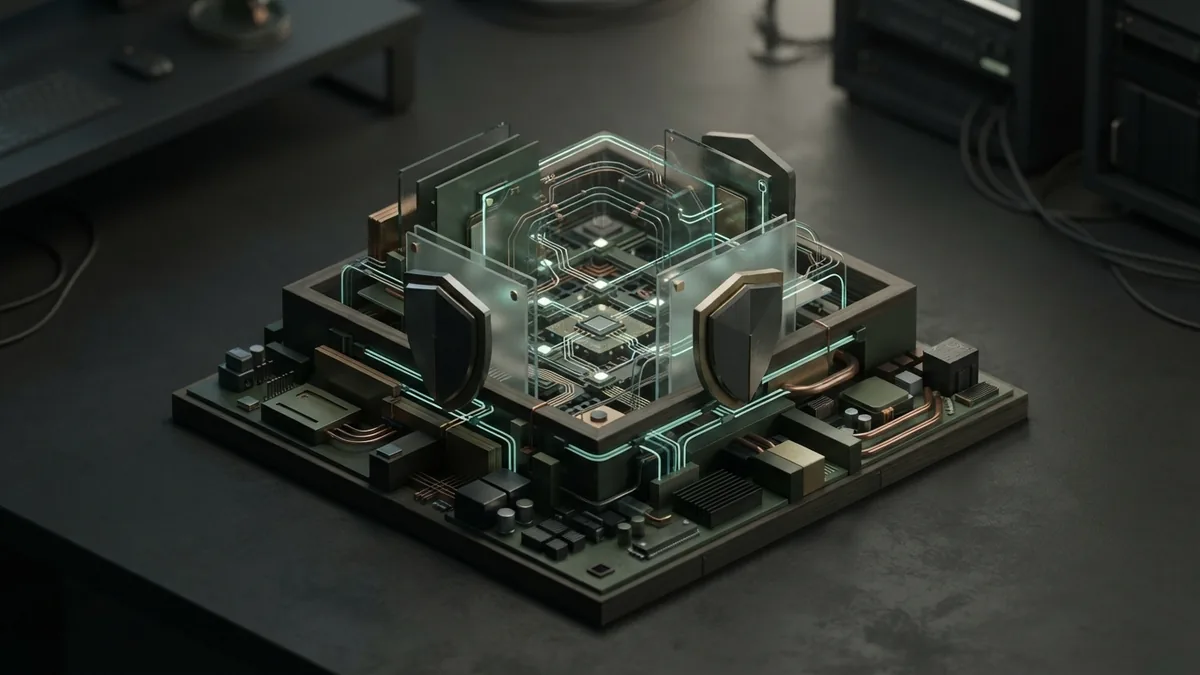 AI cybersecurity defense system Abstract cybersecurity defense system with glass barriers and connected node grid