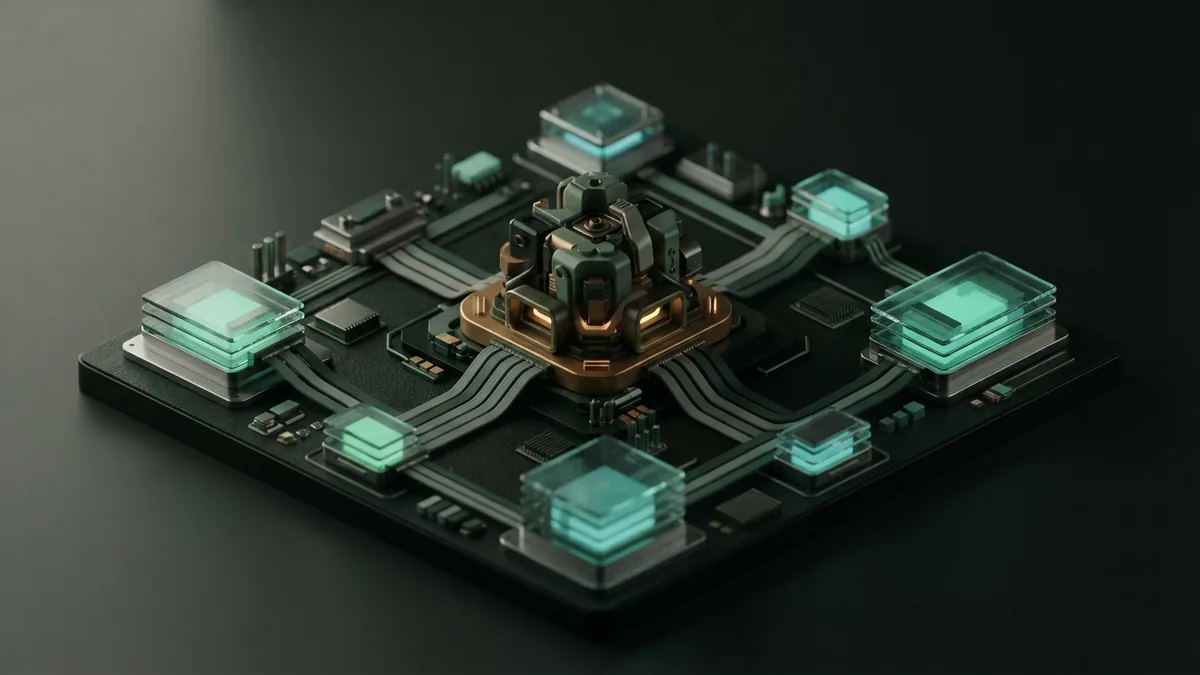 Abstract AI model core linked to separate data sources through shared connections