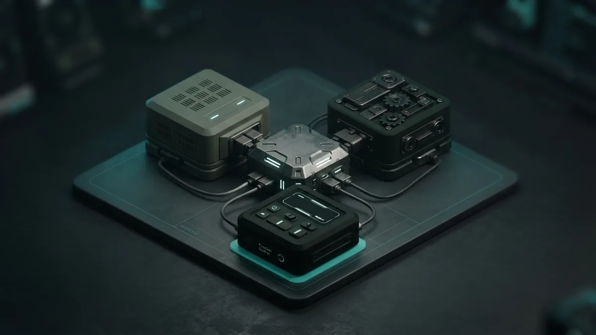 MCP features shown as linked system blocks Modular data and tool blocks joined through one shared protocol hub
