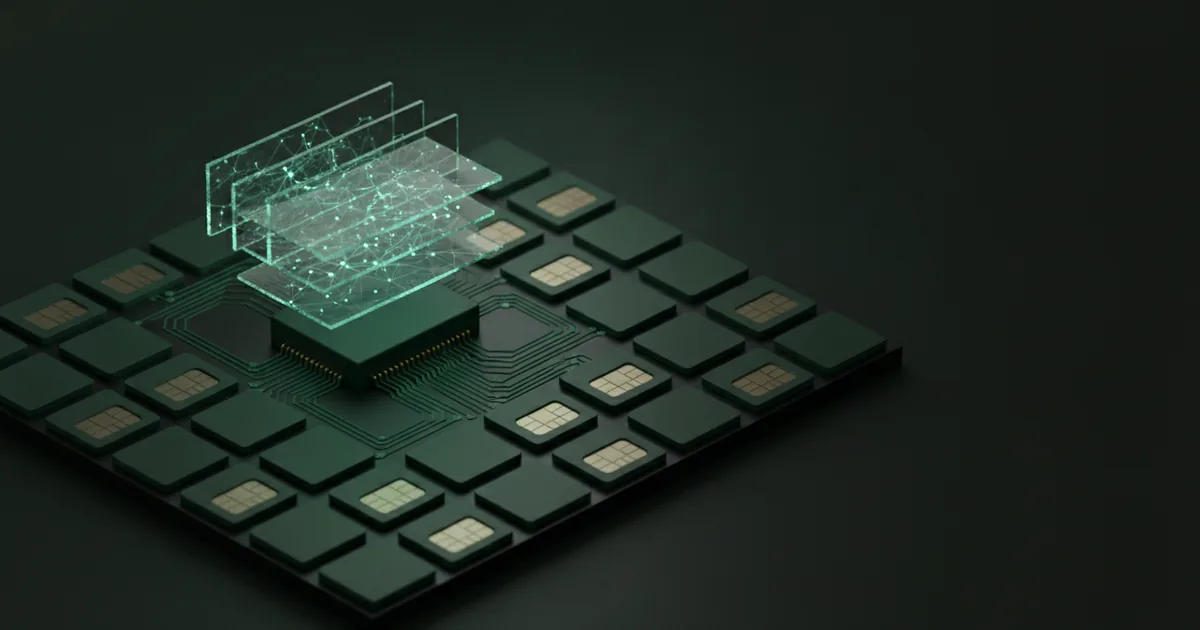 Isometric diorama of a modular grid of SIM-card-shaped tiles linked by ribbon cables to a central hub, with translucent glass panels above showing node connections.