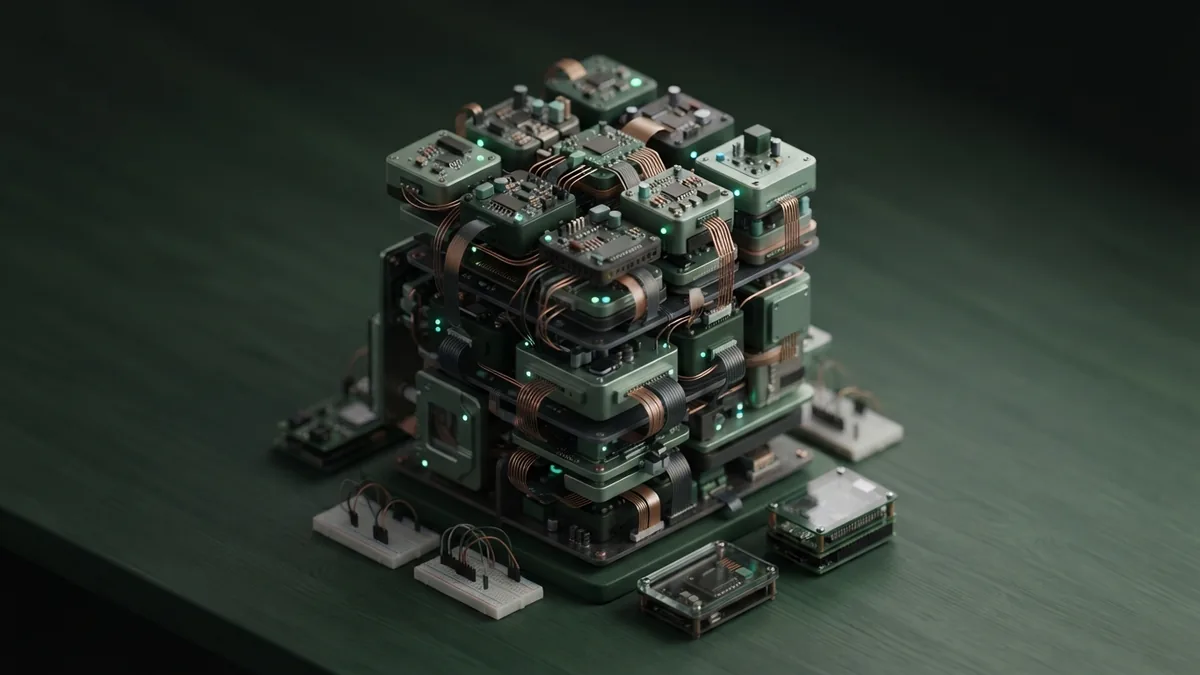 Layered neural network nodes linked by cables in a dark isometric studio