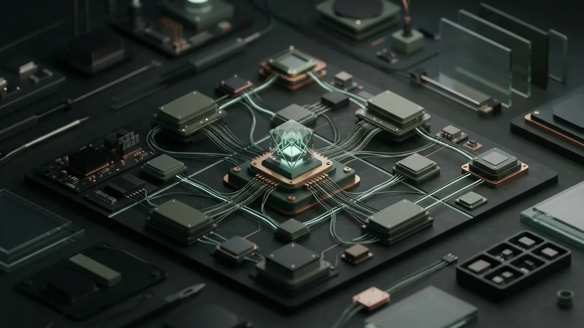 A miniature search and answer system Compact isometric search network with blank data tiles linked to a central glass node