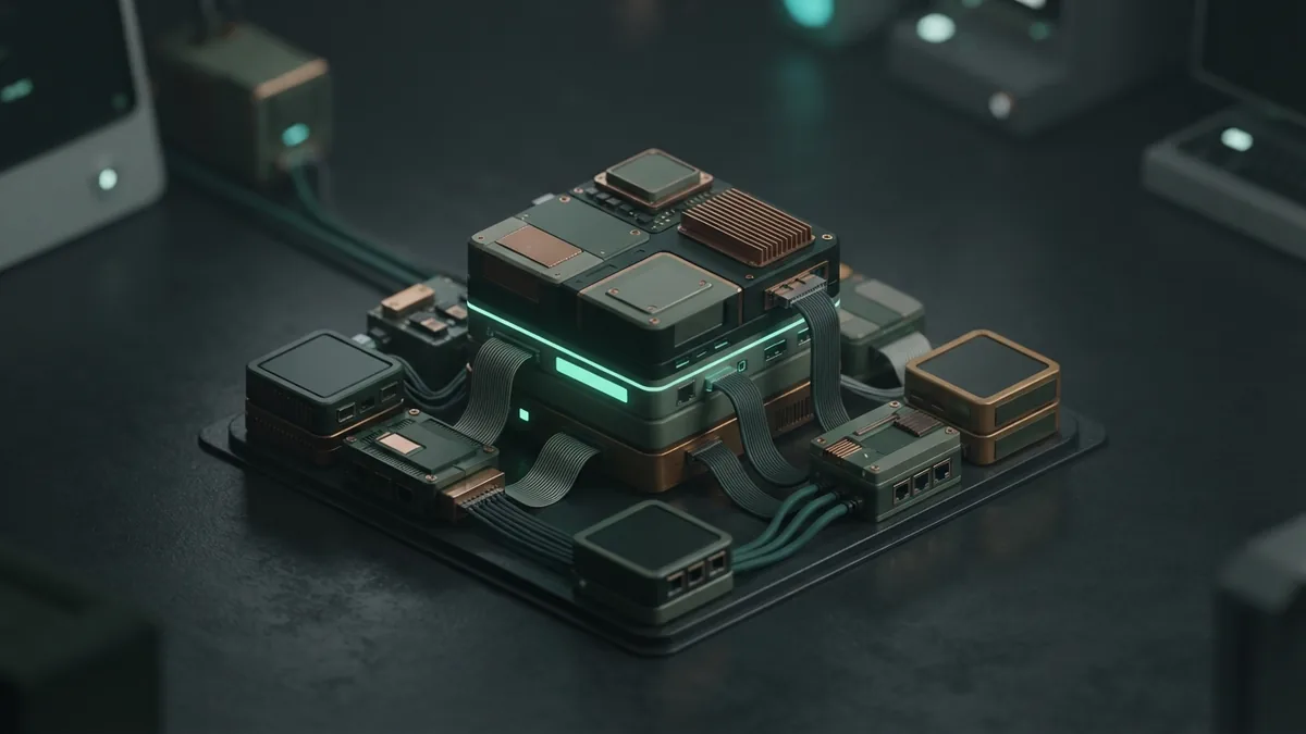 Model modules connected in a search system Modular computing blocks linked by cables in a dark, restrained technical scene