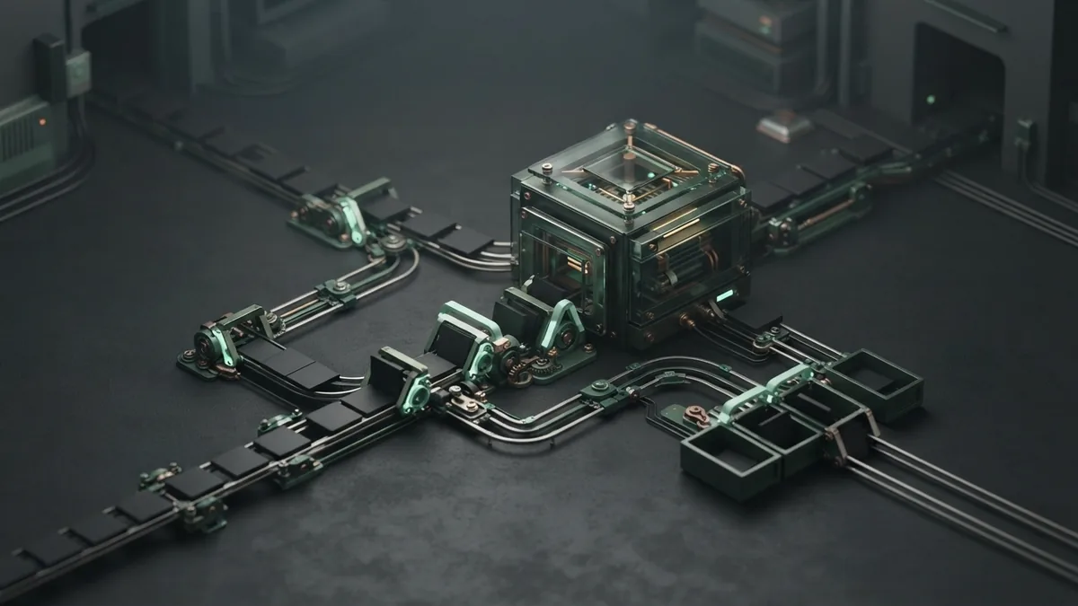 Miniature automated workflow sorting plain data tiles to show how AI can reduce routine business tasks
