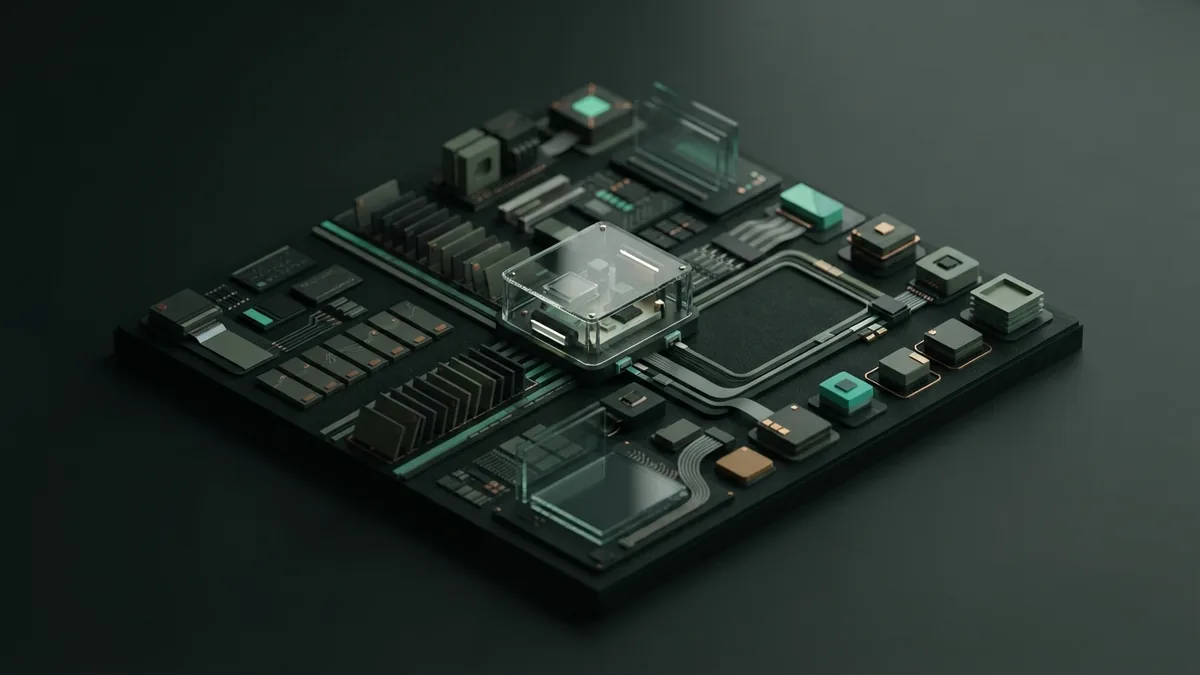 A miniature model of data-led planning Abstract data tiles flowing through a planning module to represent AI forecasts for business decisions