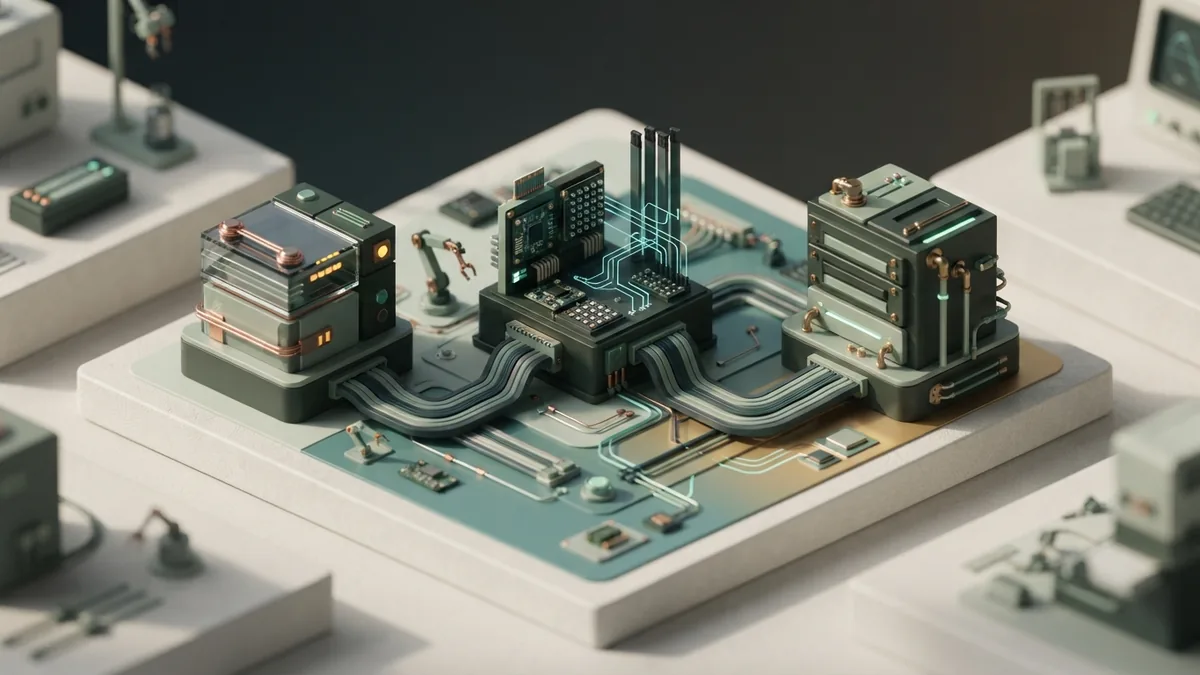 Modular business process stations connected in an isometric automation diorama
