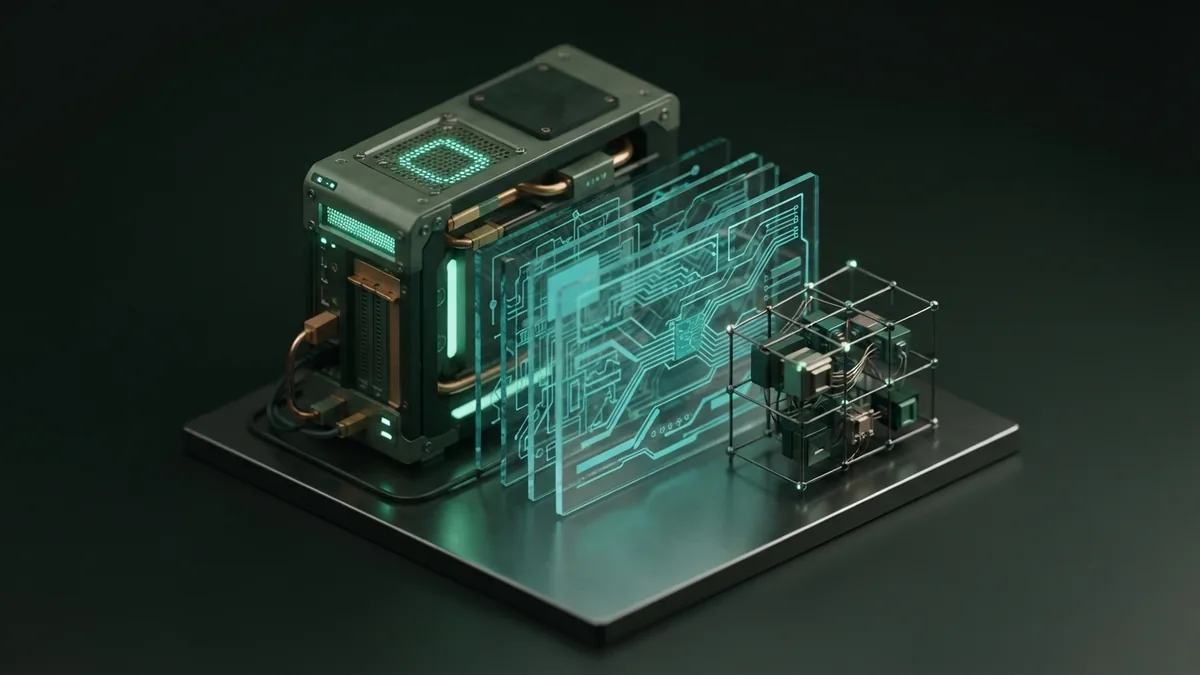 Local computer beside abstract panels representing different kinds of AI models