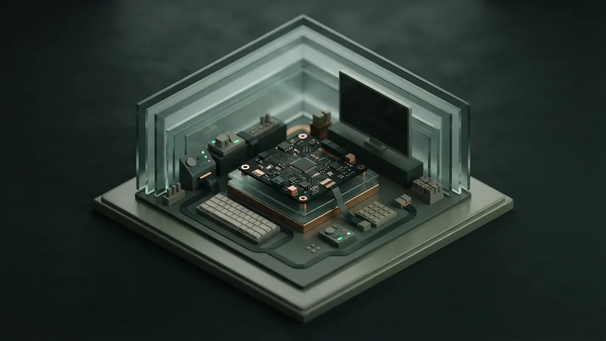 A private setup for local AI work Private local workstation surrounded by layered glass and green circuit hardware