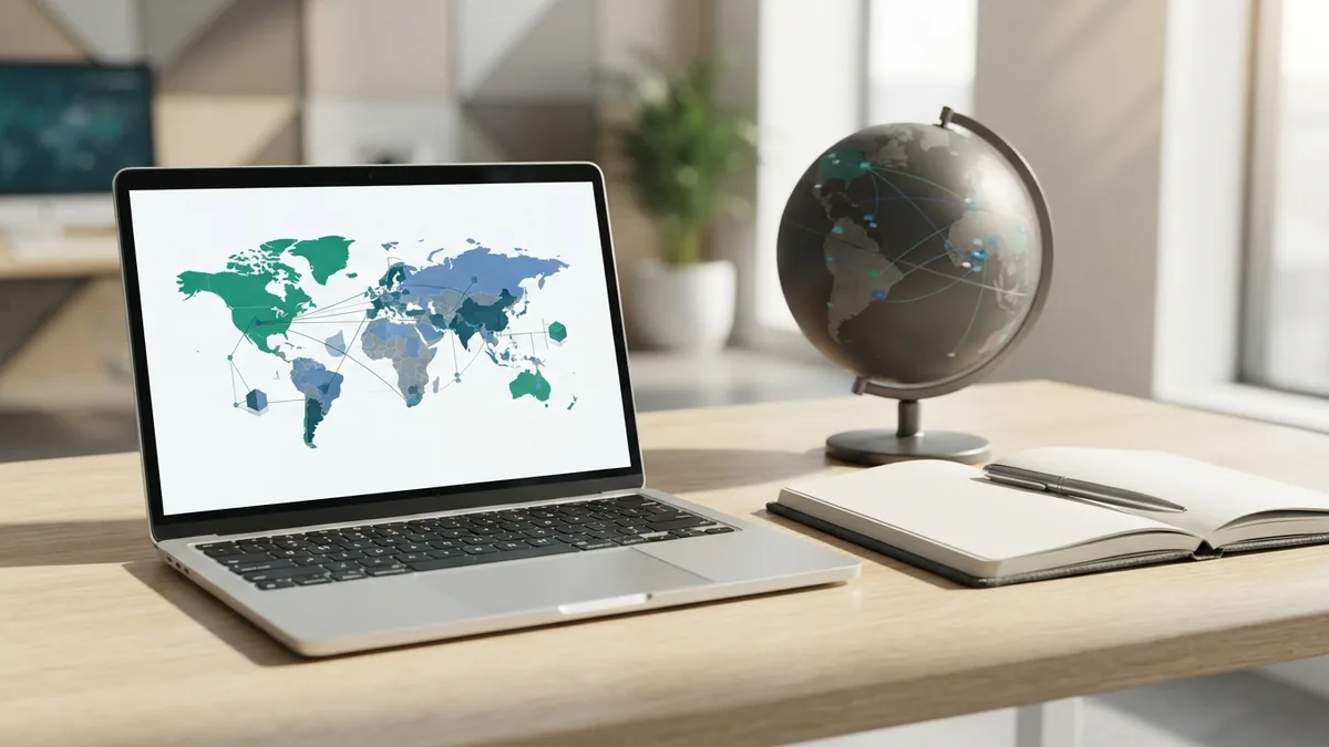 Global business map concept showing workforce growth and regional distribution across offices