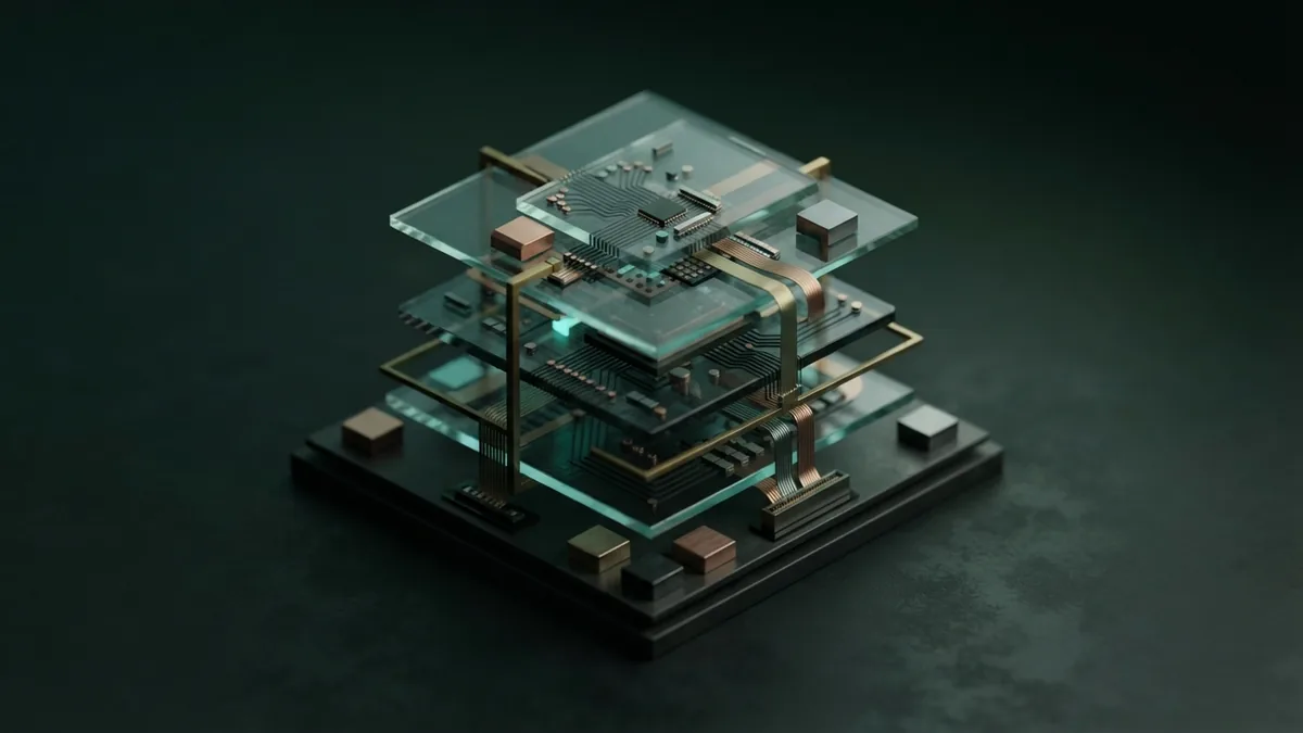 Layered glass panels and metal tokens suggest a private company valuation