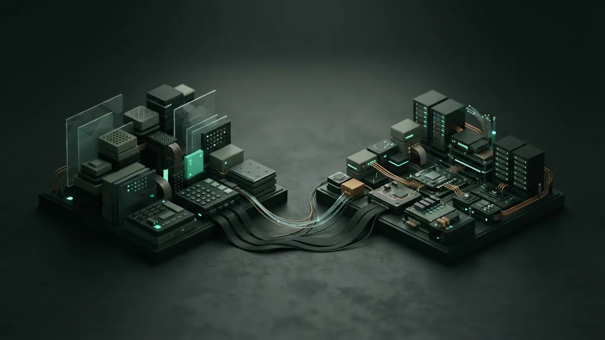 AI market comparison Two abstract computing systems represent different roles in the AI market