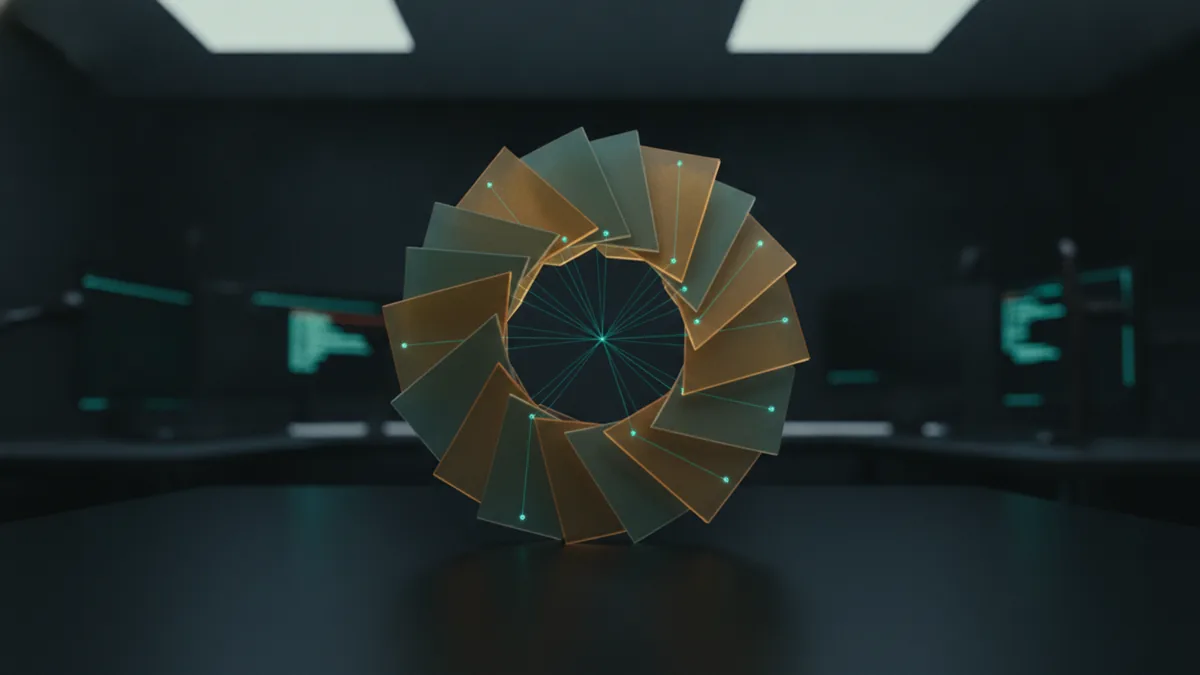 Self-understanding loop Layered translucent panels with connecting lines implying self-reflection in AI systems.