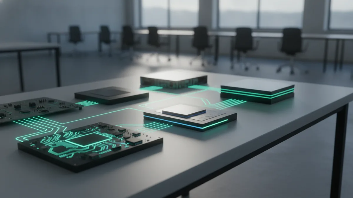 AI model complexity shown through layered circuits and connected computing units