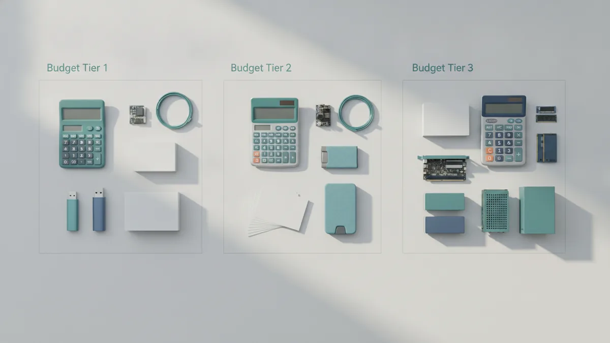 Building a practical AI budget AI budget planning scene with calculator, server equipment, and grouped cost blocks