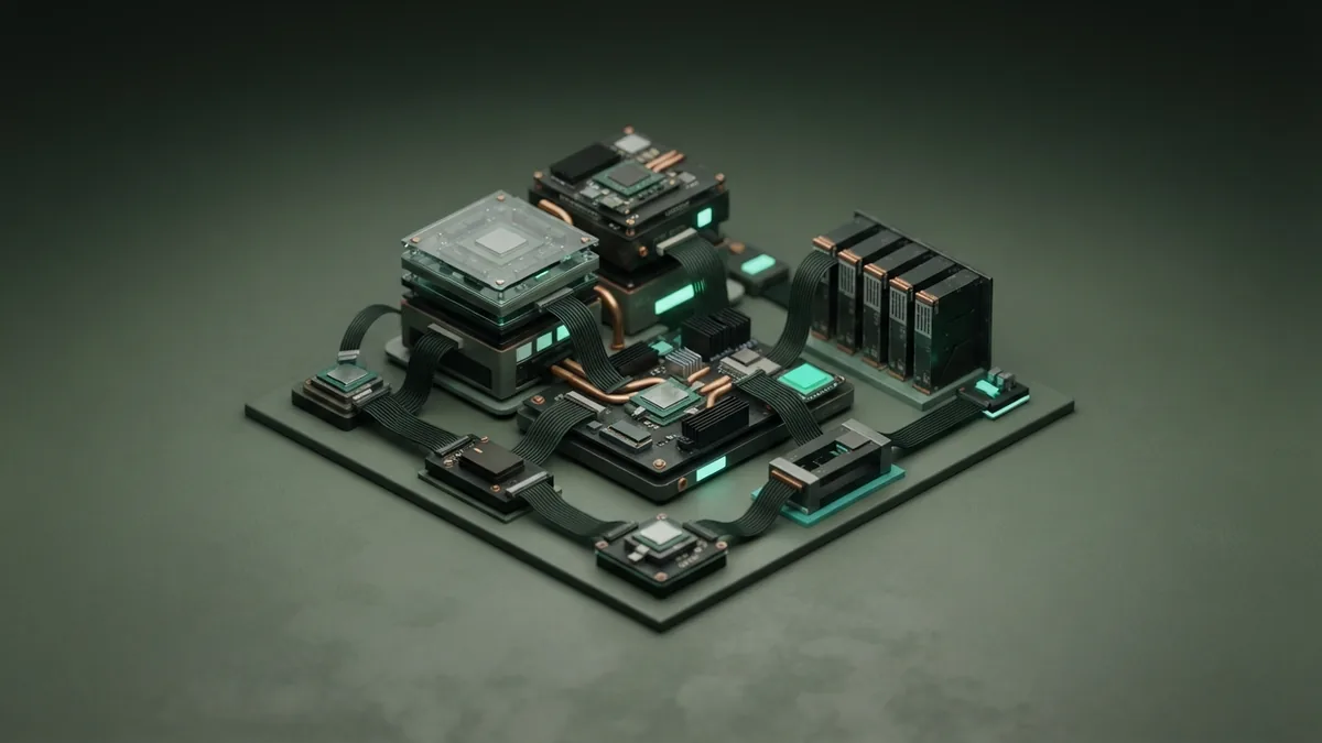 How the main parts of AI fit together Connected computing modules representing AI model makers, chip firms, and cloud providers