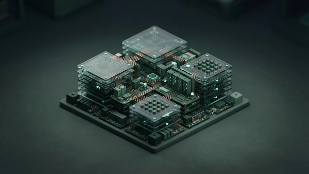 The building blocks of business AI platforms Isometric cloud computing system with glass layers and circuit boards for business AI tools