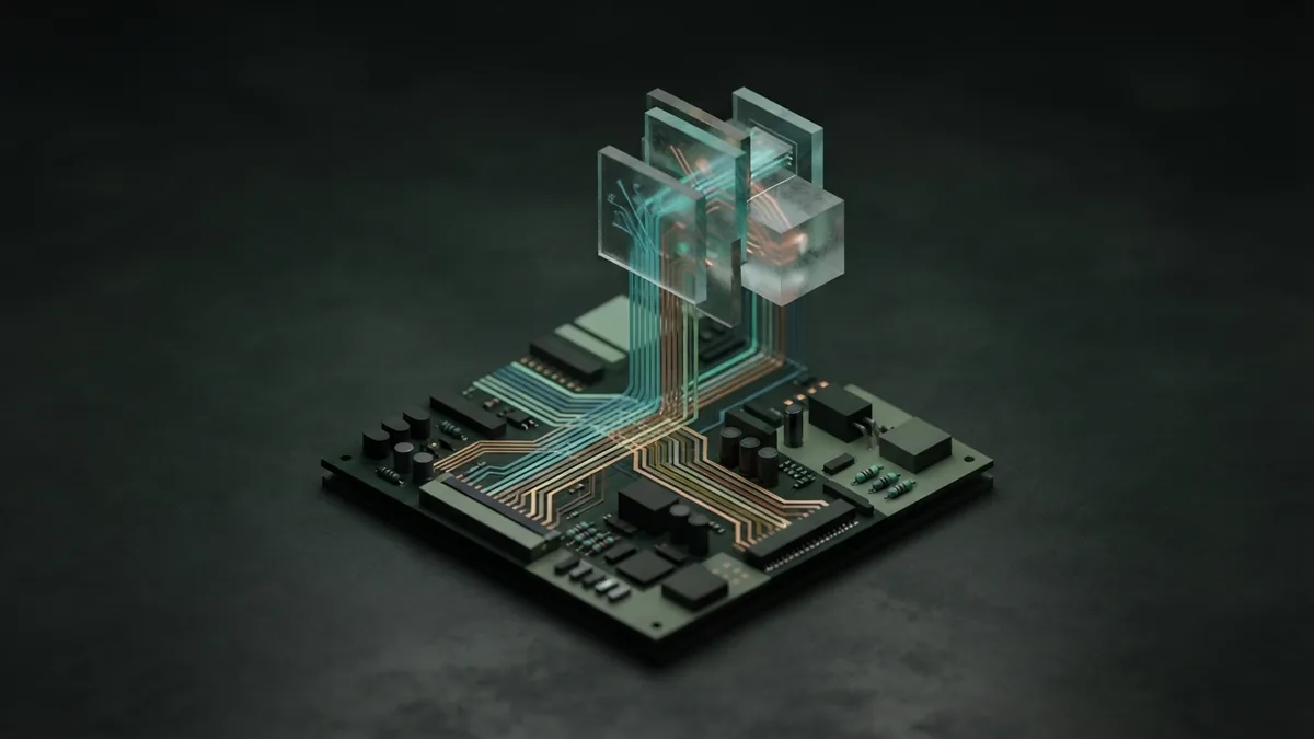 Narrowing token choice paths Isometric circuit board with narrowing token paths and translucent modular blocks