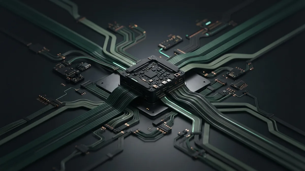 Branching ribbon cables show narrow and broad output paths from one module