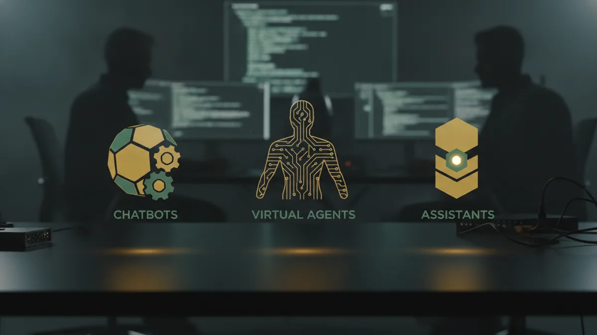 Chatbot, agent, assistant at a glance Abstract icons representing different types of AI bots