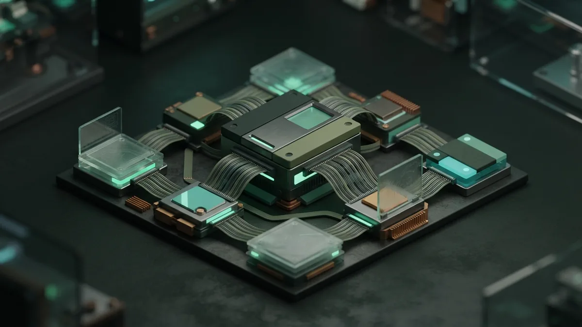Layered modules and cables showing how an AI data connection works