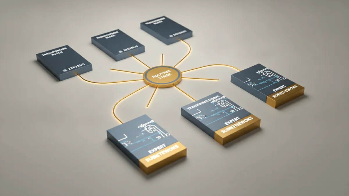 MoE architecture components Block diagram of MoE architecture with router and expert subnetworks