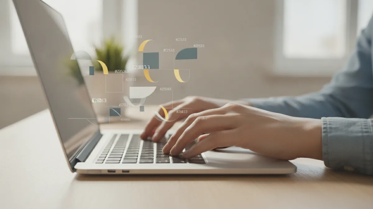Typing on a laptop with abstract language understanding cues overhead.