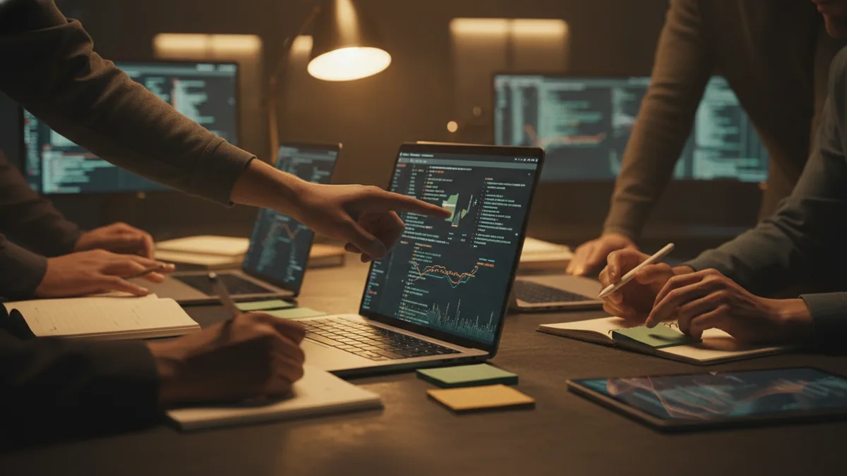 AI company workflow starts with data Team reviewing data and AI project work around a laptop