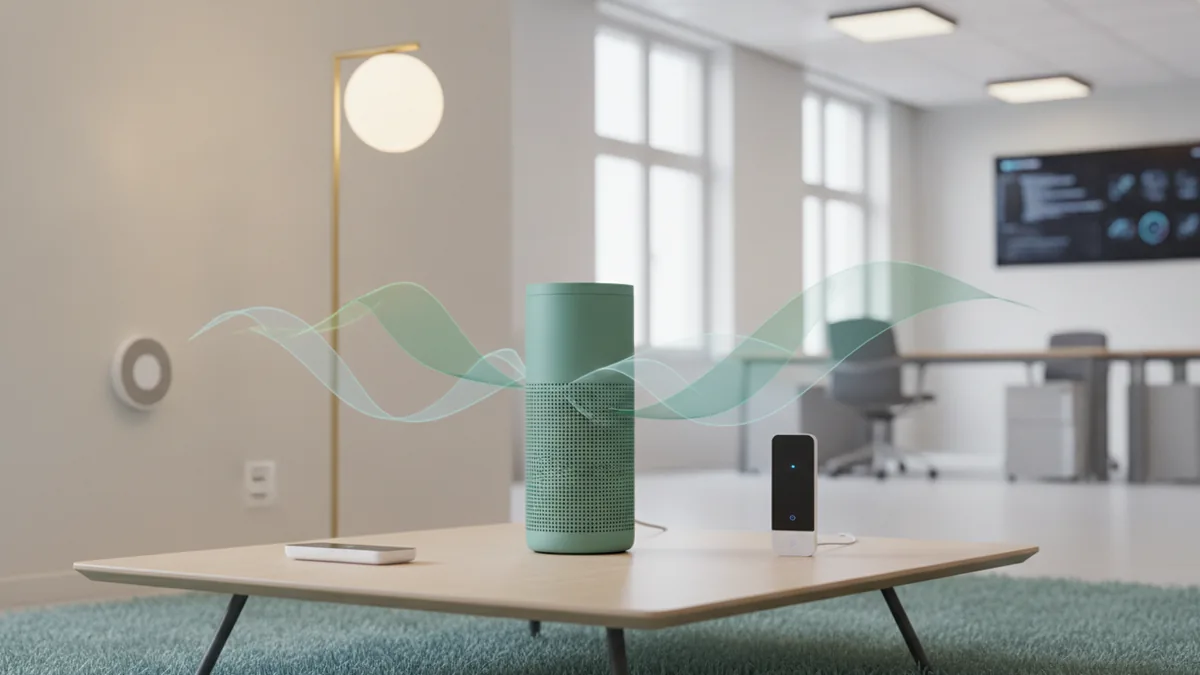Smart speaker surrounded by connected home devices in a warm room