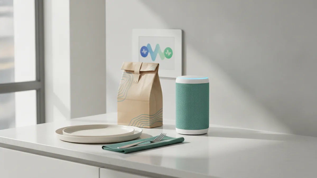 Connected kitchen devices arranged around a smart speaker