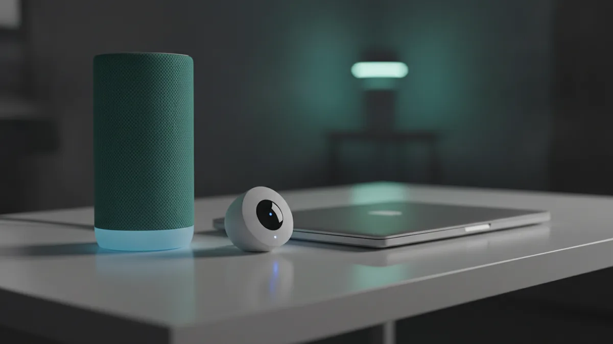 Alexa Plus privacy and security setting Smart speaker near home security and privacy devices in dim light