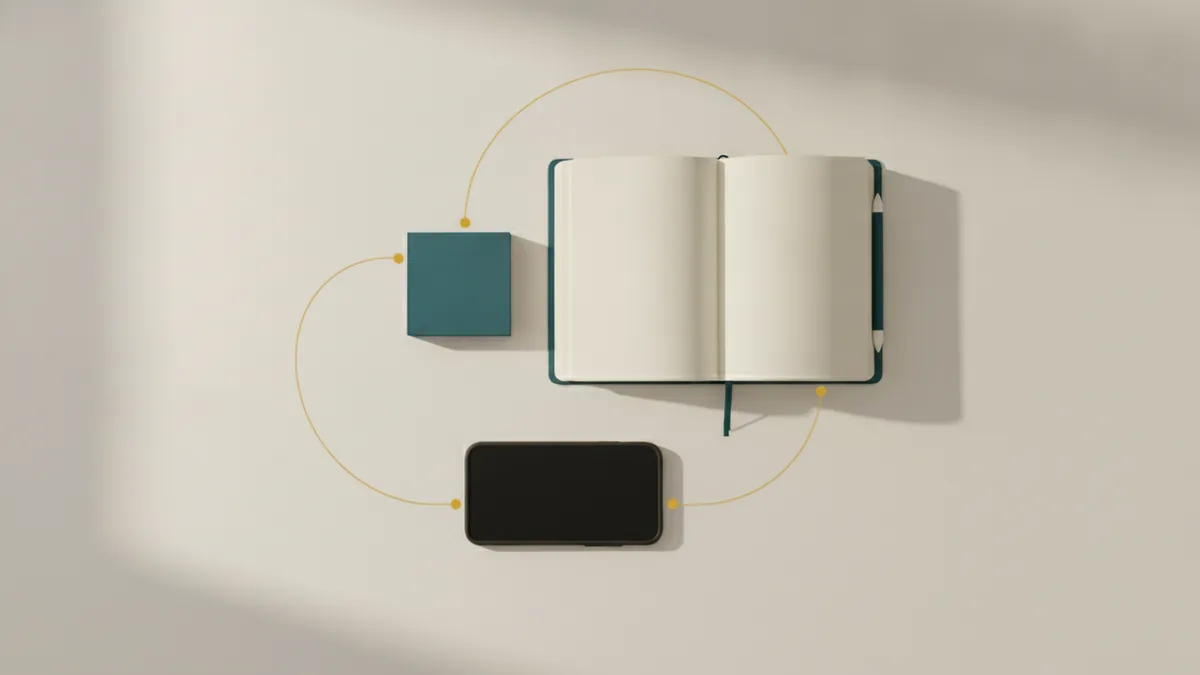 From ideas to apps Overhead desk layout illustrating a plain-language to app workflow