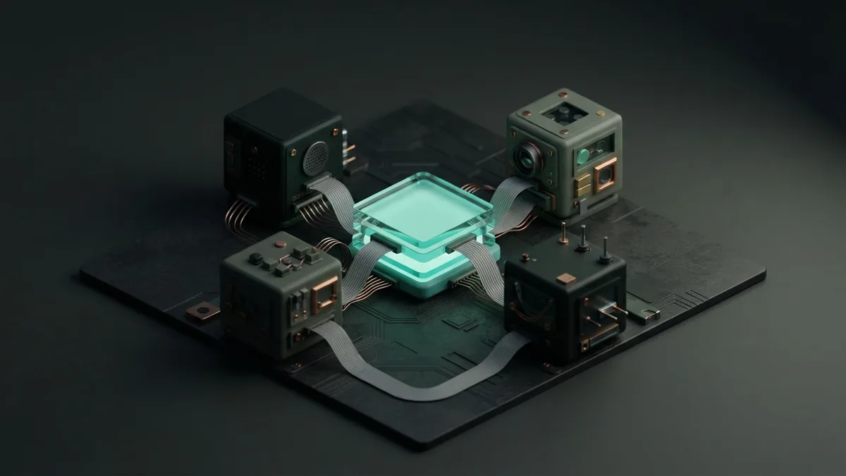 Modular machine learning services linked by cables around a central glass hub