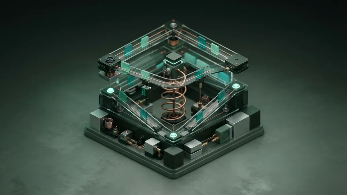 A precise data engine system Layered data engine with abstract tiles moving through a precise green and copper system