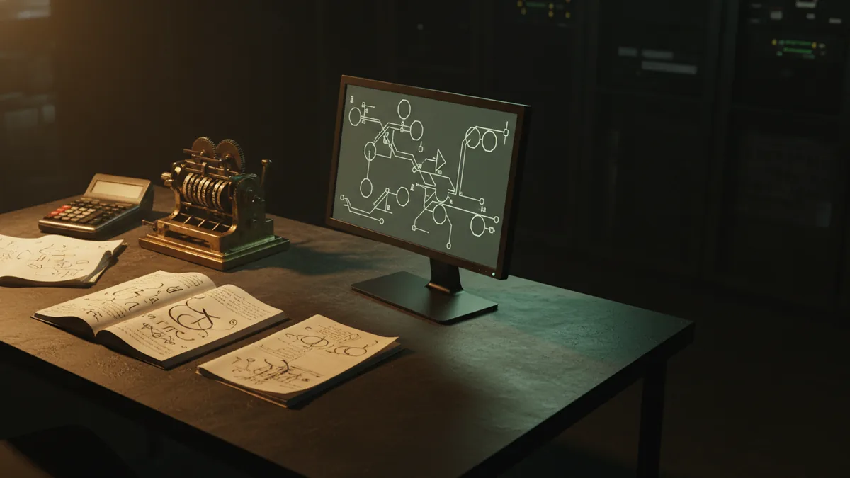 From early research to modern AI Vintage research tools and a calculator on a desk suggesting early AI origins