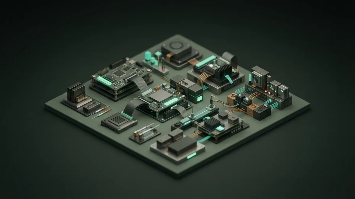 Isometric modular system showing a calm and careful AI tool testing setup