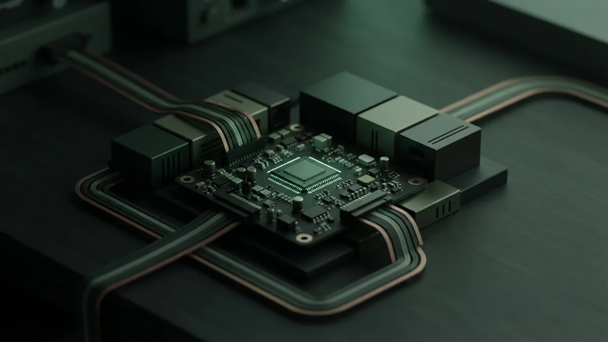 Isometric circuit board and modular components representing focused coding work