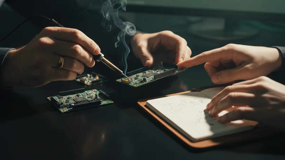 Researchers examining hardware components and notes for an AI product stack
