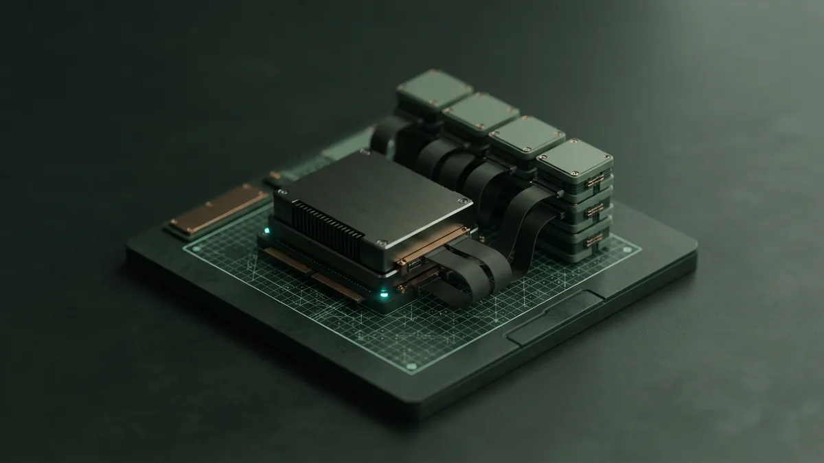 Advanced AI chip packaging Compact AI compute module linked to high speed memory blocks