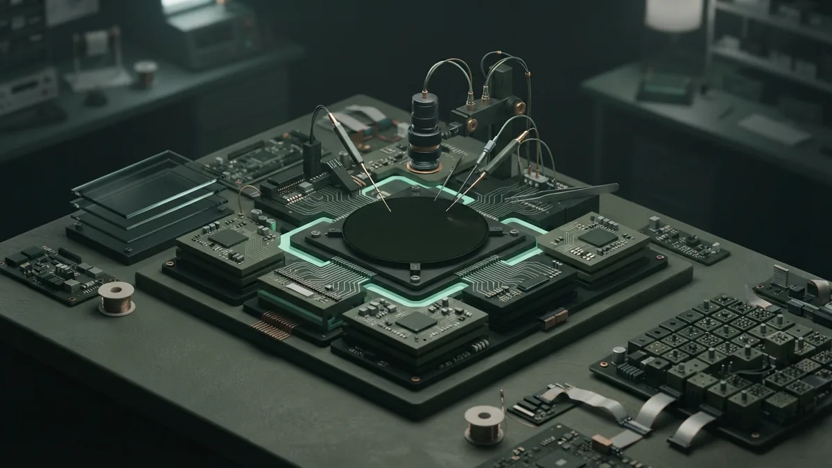 The hard work behind AI chip production Semiconductor wafer and cooling parts showing the challenge of AI chip manufacturing