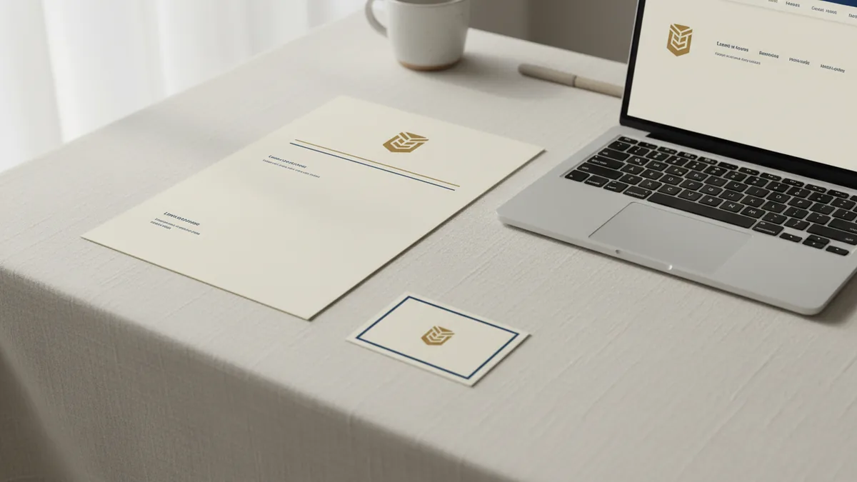 Brand touchpoints on desk showing one consistent logo identity across materials.