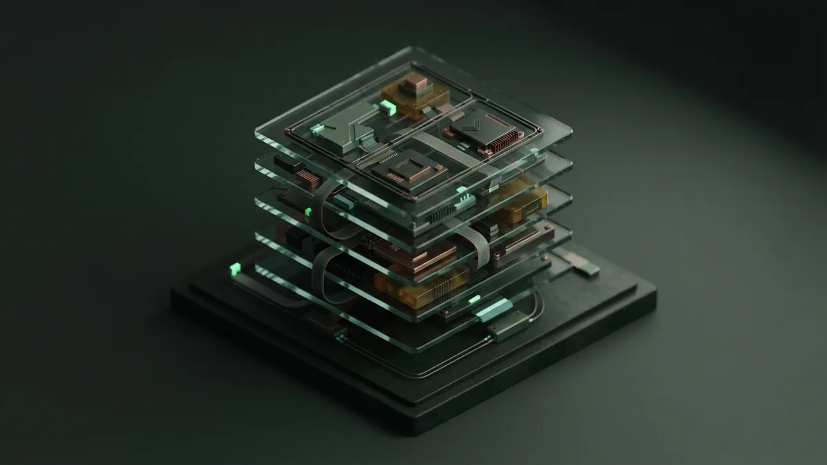 AI's effects across society Layered glass panels and computing modules represent AI's varied effects across society