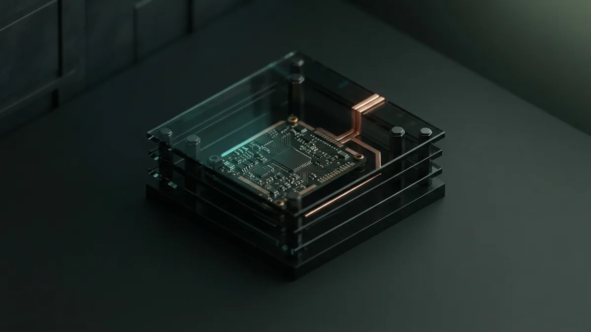 Abstract glass layers and a circuit board suggest care around AI privacy and fairness