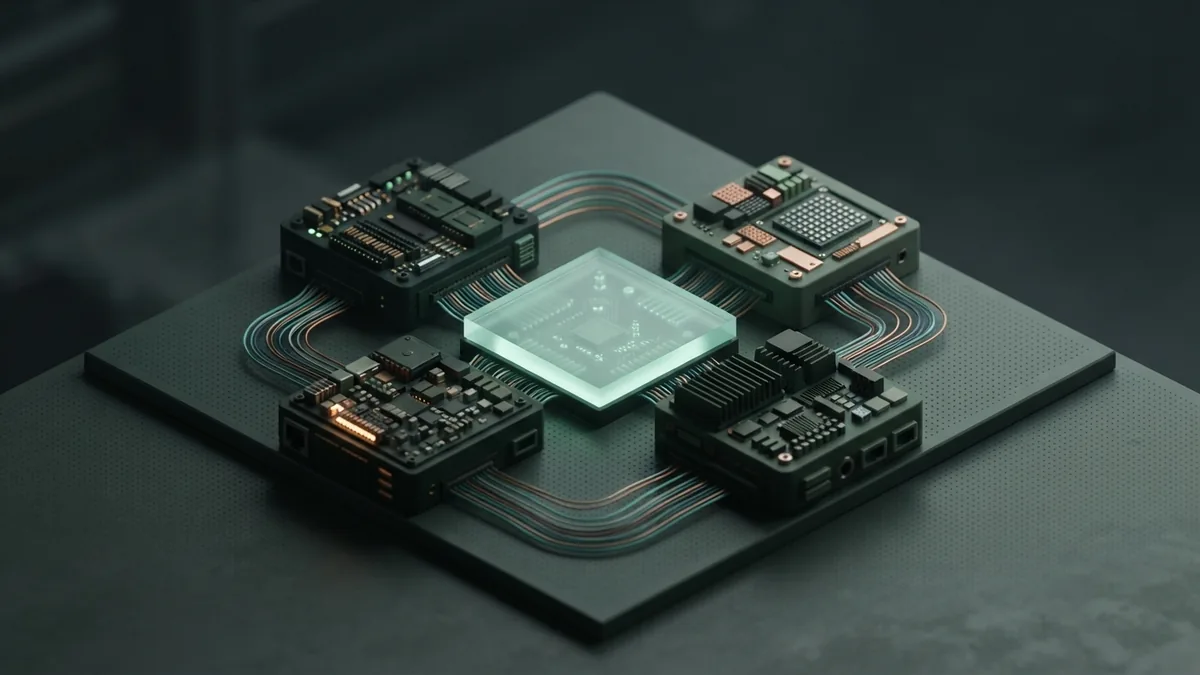 The parts of a well-framed prompt Modular blocks linked around a glass panel, representing clear goals and useful prompt context