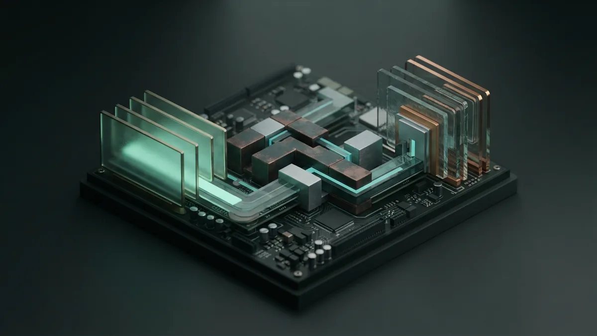 A layered circuit board with a clear route through abstract stages of prompt writing