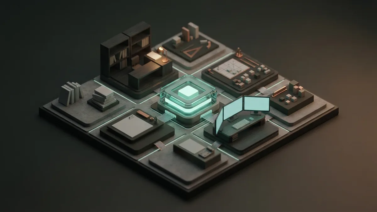 Different tasks call for different prompts Four abstract work modules around one central node, showing varied uses for AI prompts
