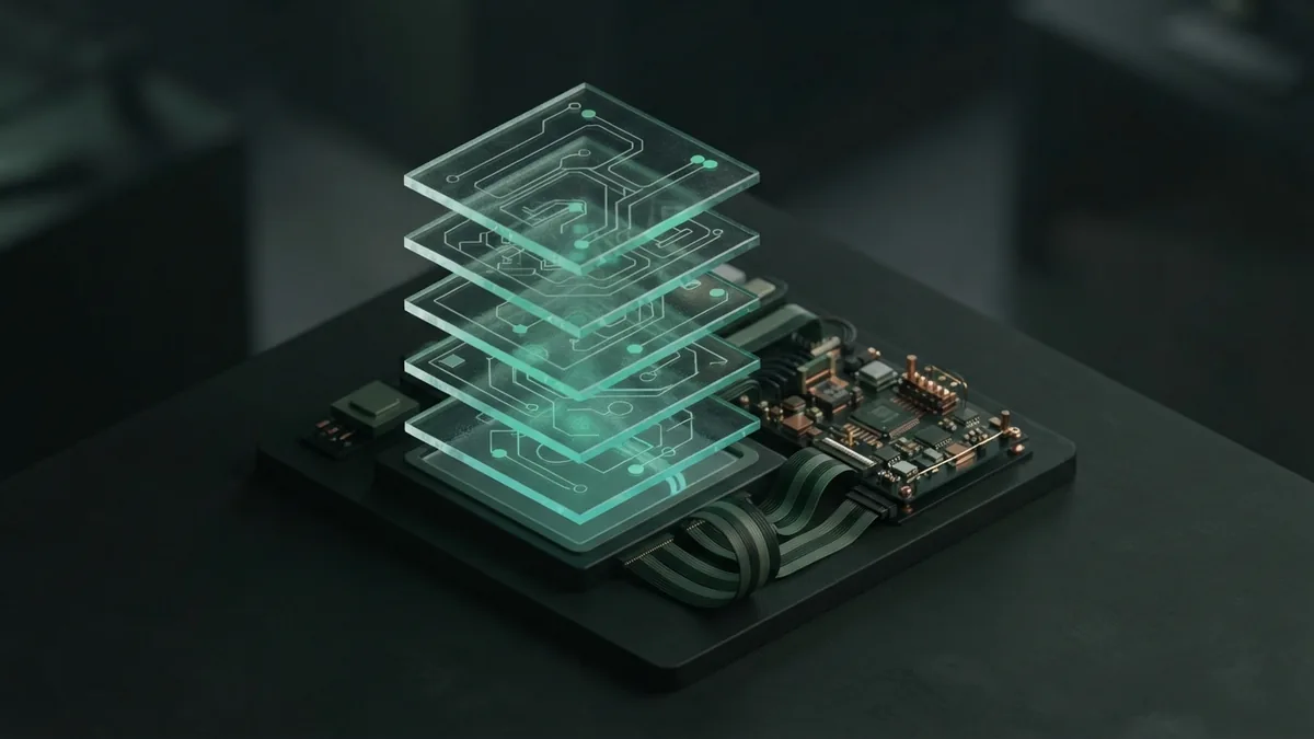 Layered glass panels and node paths suggest a clear structure for AI prompts