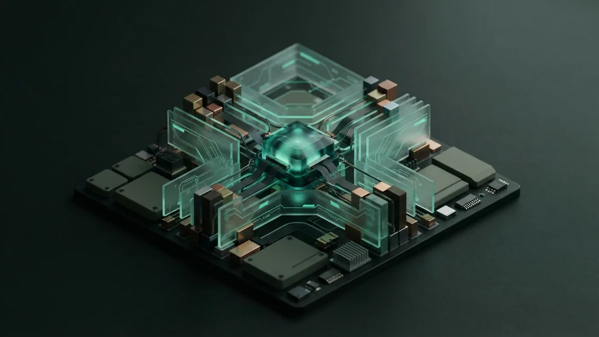 Layered glass panels and modular blocks show how context supports an AI prompt
