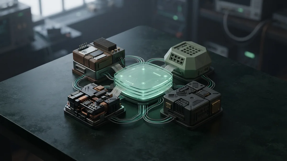 Four connected abstract modules represent the parts of a structured AI prompt