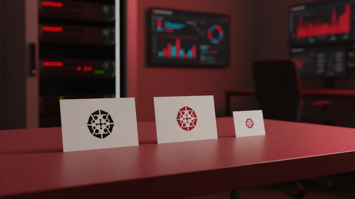 Logo mockups tested in one color and at small icon size on a desk.